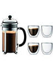 Bodum Chambord French Press Coffee Maker, 34 Ounce, 1 Liter, Chrome Plus 4 Pavina Double Wall Clear Glasses 2.5 oz, Set