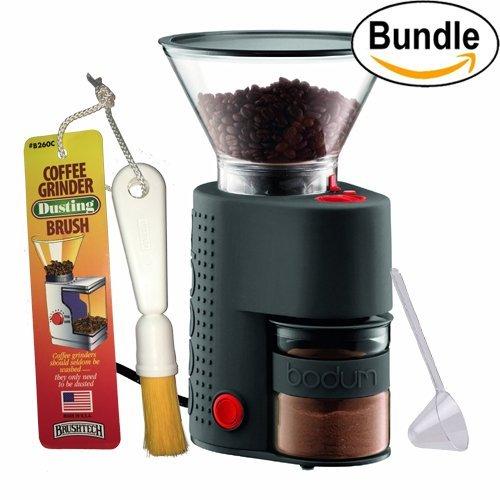 Bodum BISTRO Burr Grinder, Electronic Coffee Grinder with Continuously Adjustable Grind, Brushtech Coffee Grinder Dusting Brush & One-Tablespoon Plastic Clever Scoop Bundle (Black)