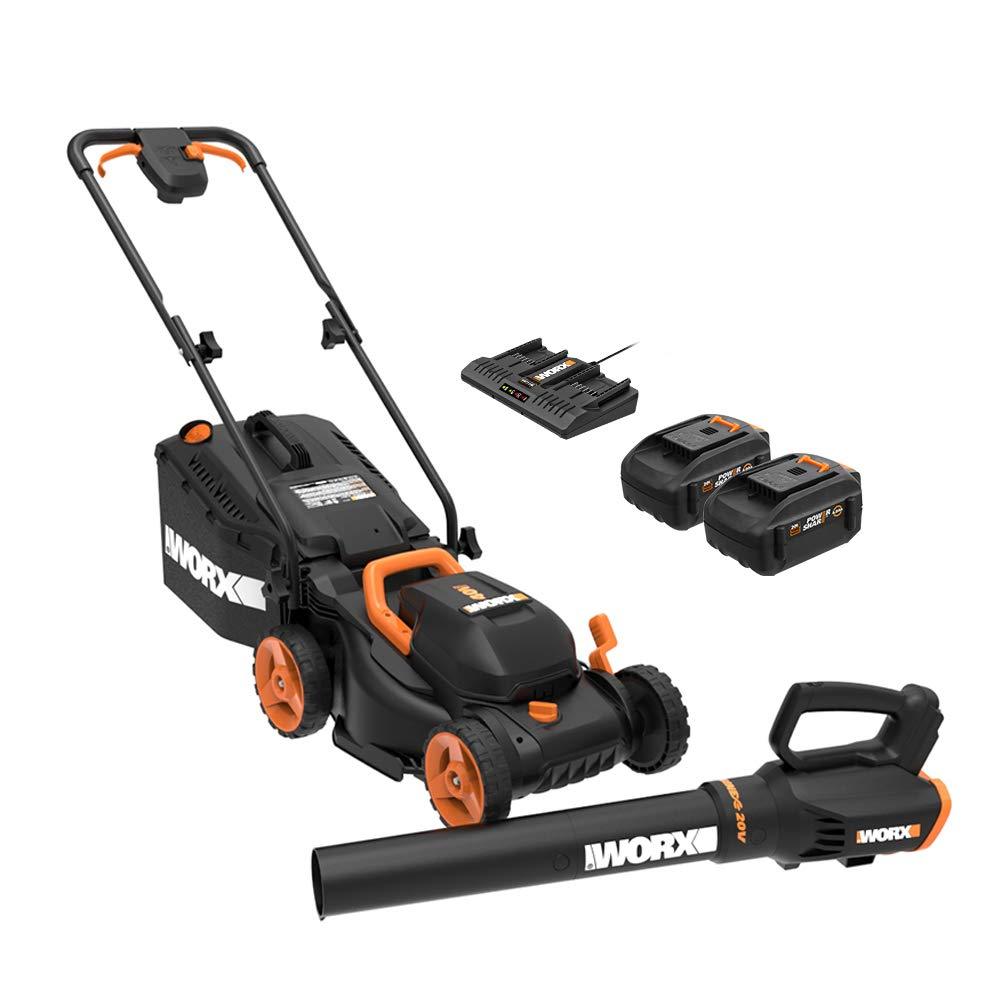 WORX WG958 14-inch 40V (4.0AH) WG779 Cordless Lawn Mower and WG547.9 Power Share Cordless Turbine Blower Battery and Charger Included