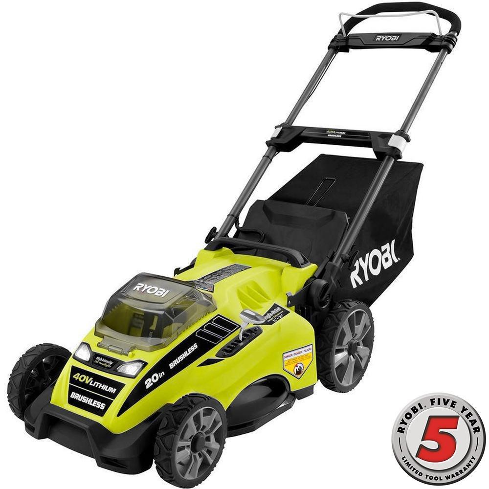 Ryobi 20 in. 40-Volt Brushless Lithium-Ion Cordless Battery Walk Behind Push Lawn Mower 5.0 Ah Battery and Charger Included