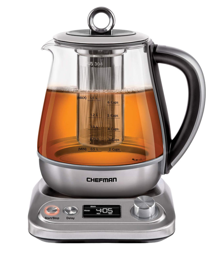 Chefman PerfecTea Programmable Electric Glass Kettle w/Temperature Control & 8 Preset Steep Times Auto Shut Off, Removeable Tea Infuser Included, 6+ Cup Capacity, 1.5 L, Stainless Steel