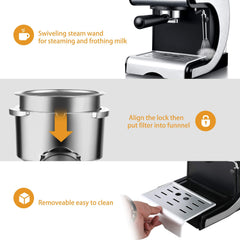 Espresso Machine Barsetto Coffee Machine 15 Bar Stainless Steel Coffee Brewer with Independent Milk Frother Wand for Cappuccino, Latte and Mocha (black)